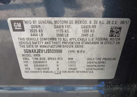 2018 Chevrolet Equinox Lt z USA, uszkodzony, nr VIN 3GNAXJEV1JS503998